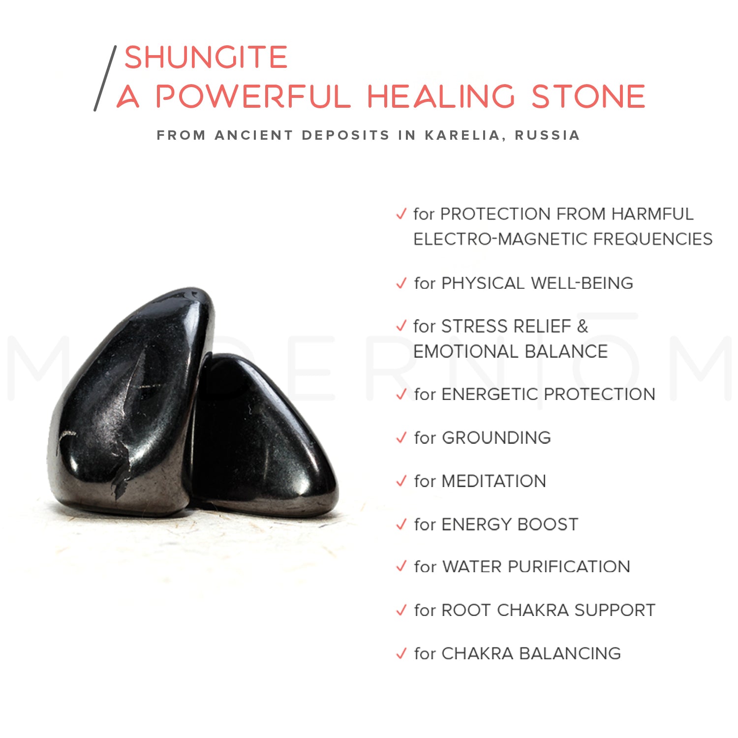 Shungite healing stone from Karelia, Russia, for EMF protection and well-being.