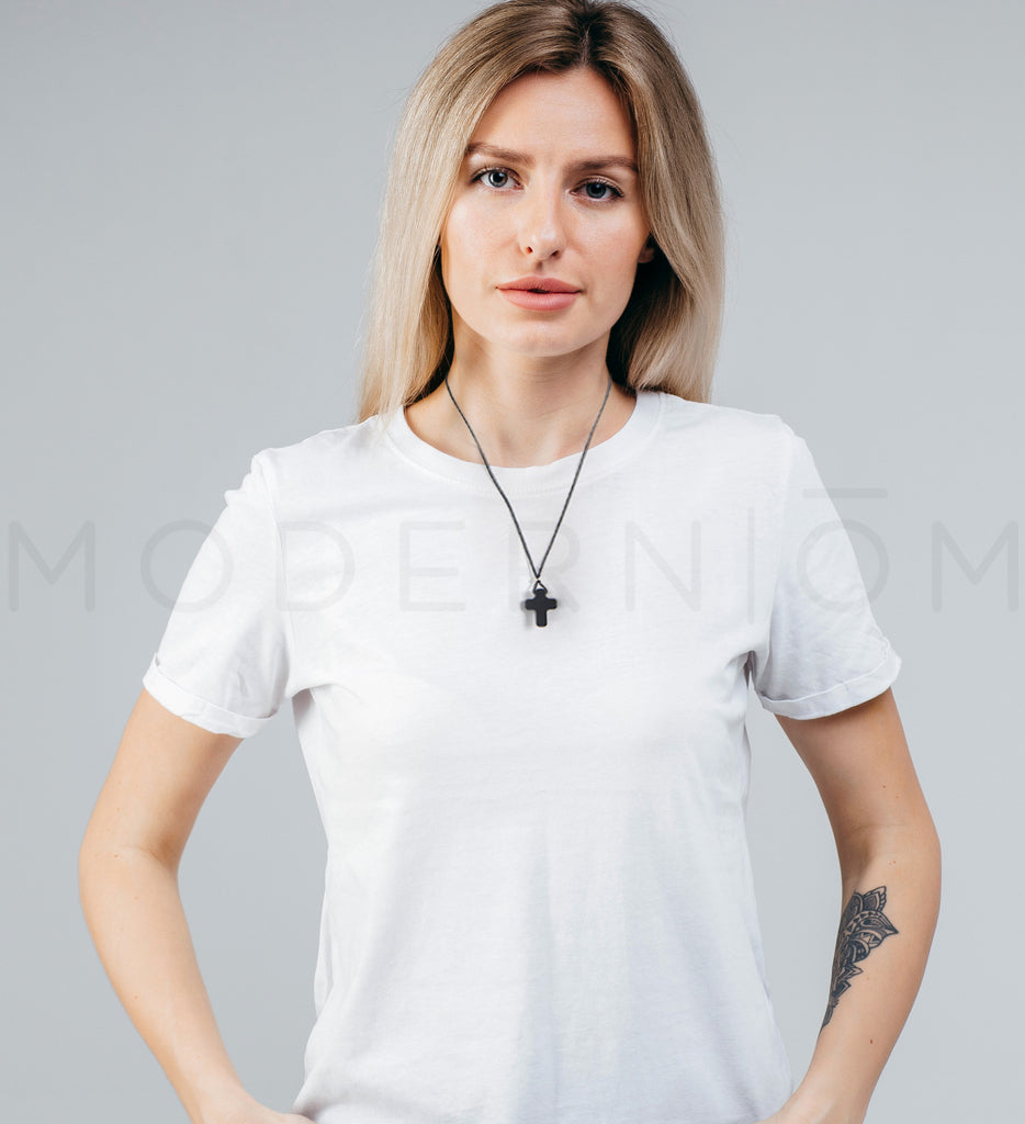 Woman wearing Cross LS A02 pendant necklace