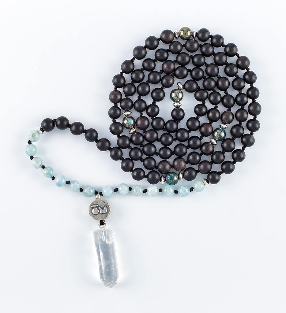 mala beads, mala necklace, black agarwood, aquamarine, pyrite, clear quartz