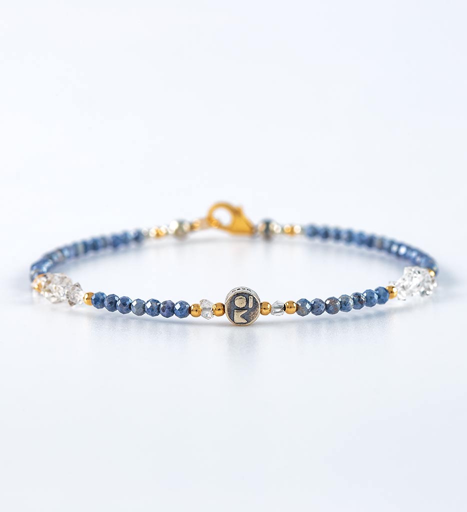 bracelet, faceted blue sapphire, raw herkimer stones