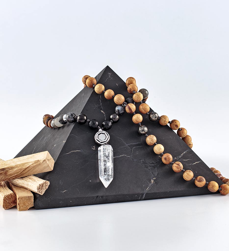 mala beads, mala necklace, palo santo, shungite, tiger eye, moonstone, labradorite, pyrite, obsidian, clear quartz