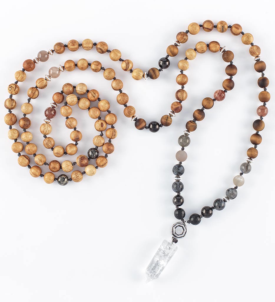 mala beads, mala necklace, palo santo, shungite, tiger eye, moonstone, labradorite, pyrite, obsidian, clear quartz