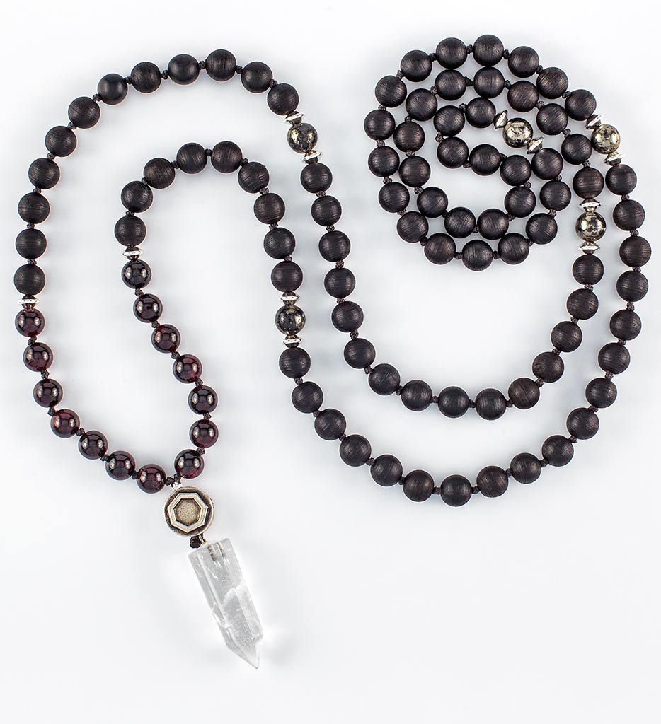 mala beads, mala necklace, black agarwood, red garnet, pyrite, clear quartz