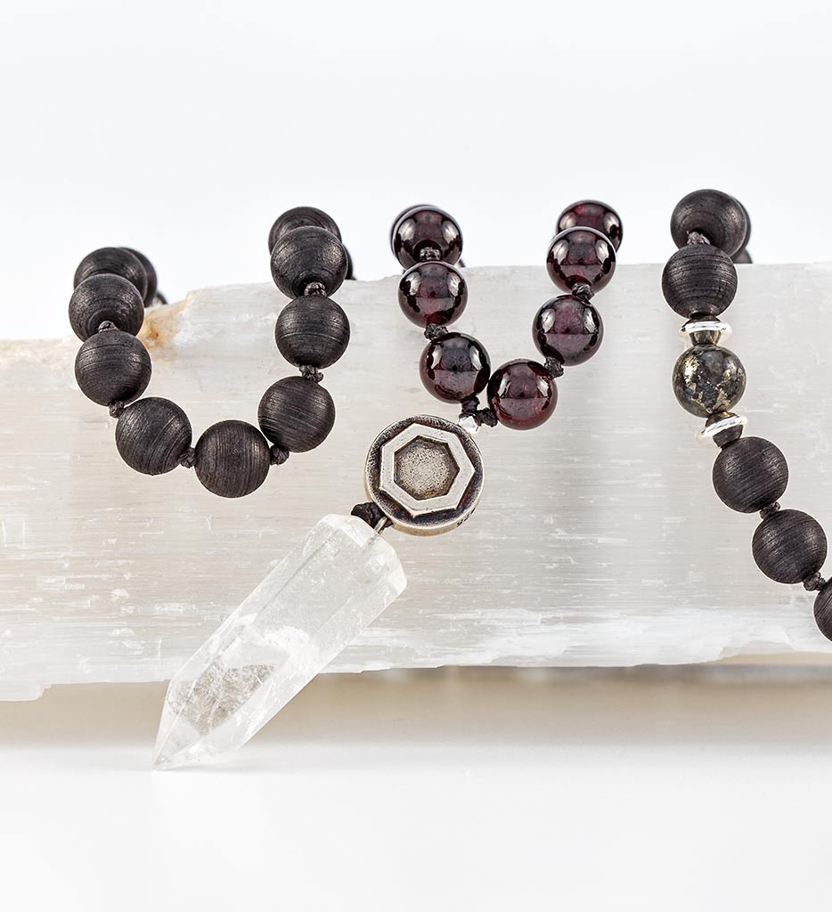 mala beads, mala necklace, black agarwood, red garnet, pyrite, clear quartz - detail