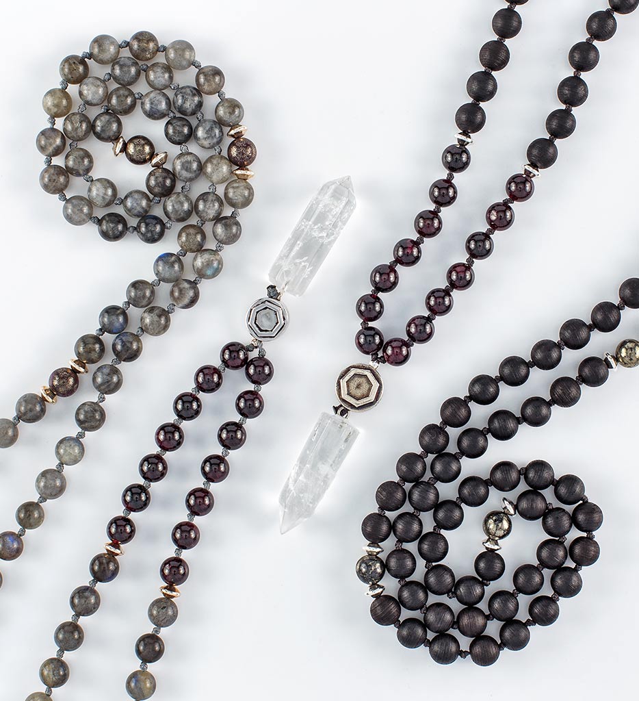 mala beads, mala necklaces, black agarwood, red garnet, pyrite, clear quartz