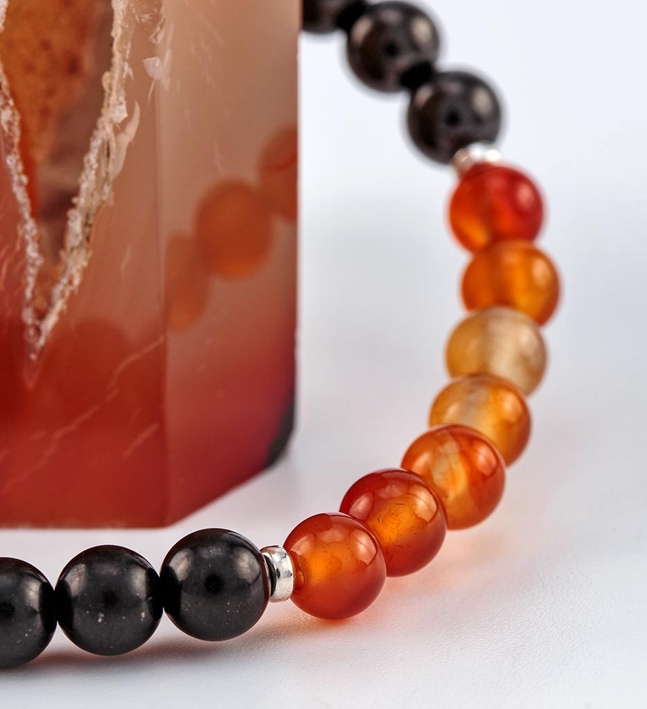 bracelet, shungite, orange agate, silver - detail