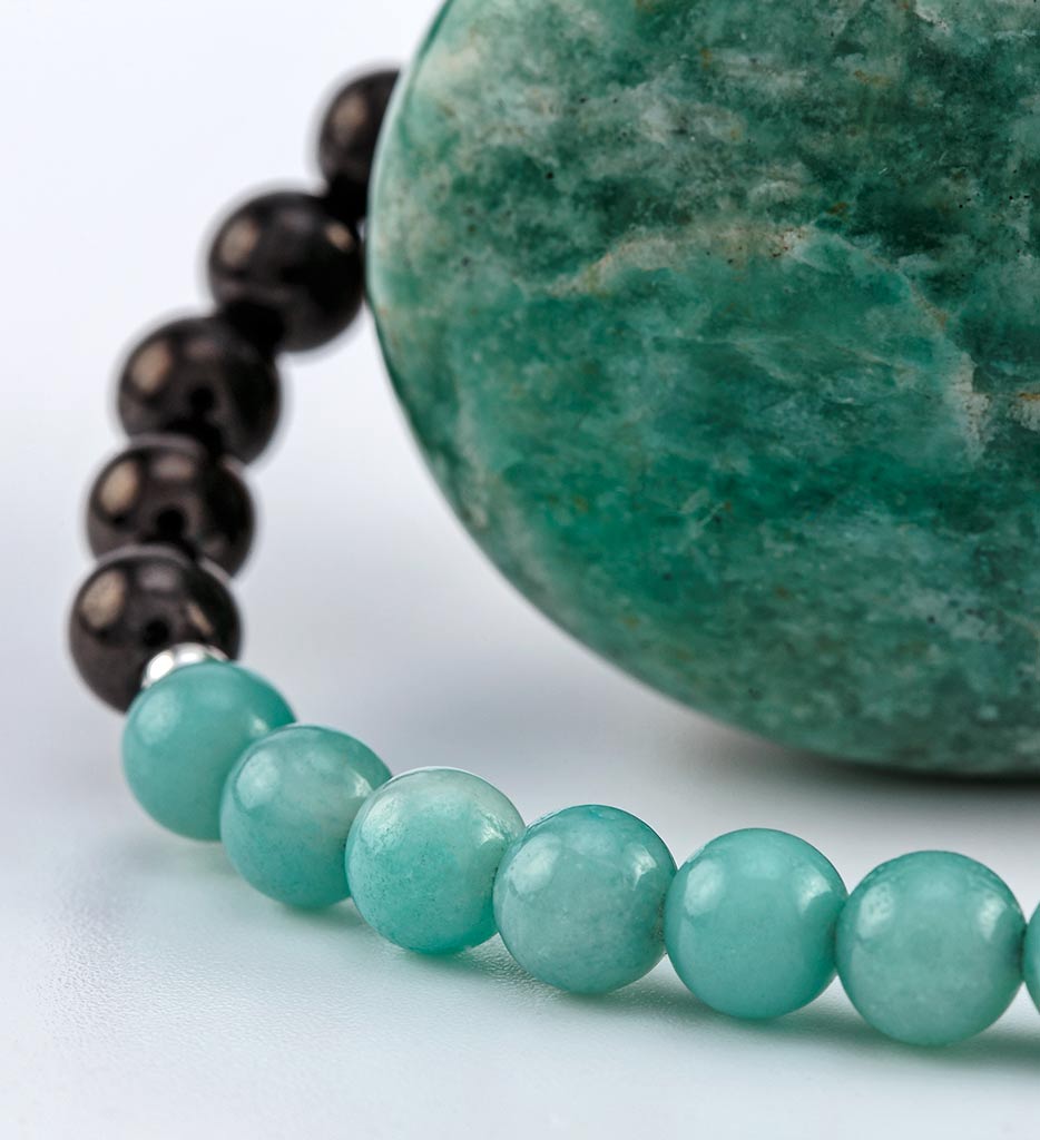 bracelet, shungite, amazonite, silver - detail