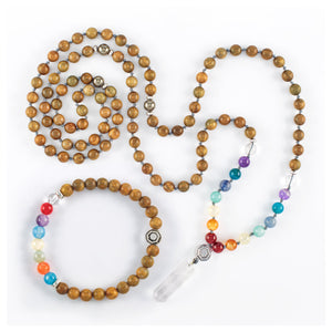 hand-made mala and bracelet, green sandalwood, chakra stones
