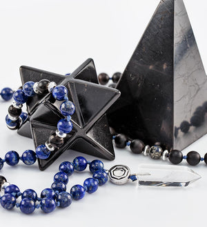 shungite tall pyramid, shungite merkaba, beautiful lapis and shungite mala