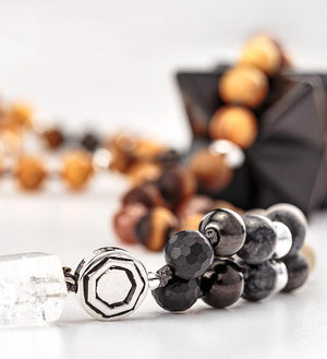 shungite and palo santo mala, sterling silver, clear quartz pendant