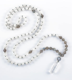 gorgeous light hand-made mala, white blue flash moonstone, matte gray moonstone, clear quartz