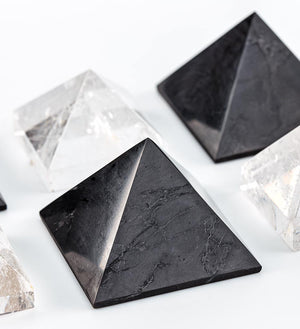 shungite pyramids, clear quartz pyramids