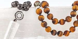 beautiful tiger eye and shungite mala, sterling silver, clear quartz pendant 