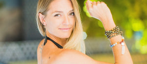 beautiful girl, mala, chakra stones, green sandalwood, clear quartz pendant 