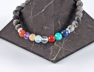 beautiful hand-made bracelet, labradorite beads, charka stones, on a shungite pyramid