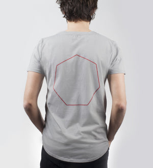 grey men's t-shirt with red septagon 