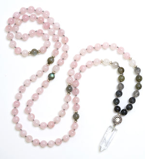 Rose Quartz Mala Necklace with Labradorite