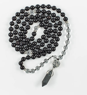 mala beads, mala necklace, clear quartz, purple sandalwood