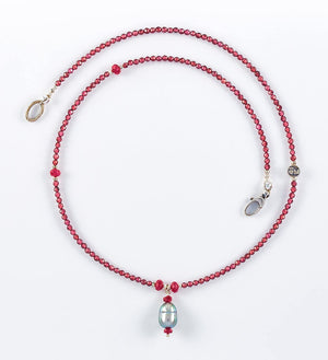 necklace, faceted garnet, faceted red ruby, grey pearl