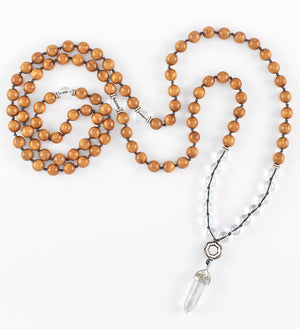 mala beads, mala necklace, clear quartz, green sandalwood
