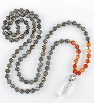 mala beads, mala necklace, labradorite, orange agate, pyrite, clear quartz