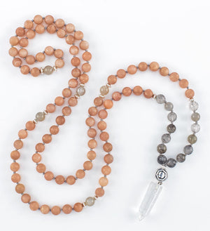mala beads, mala necklace, peach moonstone, grey moonstone 